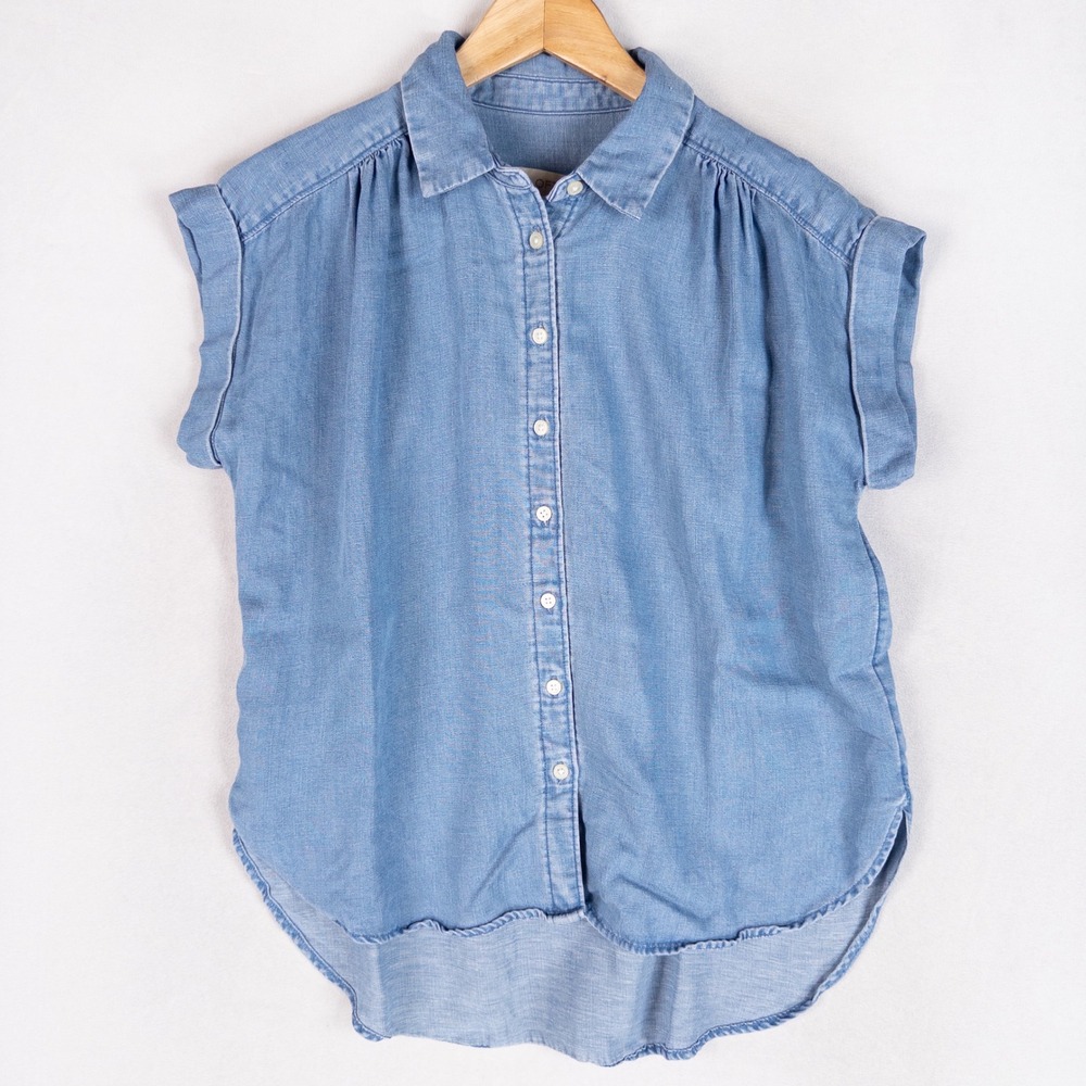Loft Shirt Small PETITE Blue Lyocell Linen Blend Chambray Button Up Classic